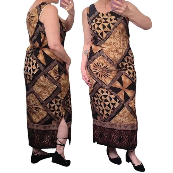 VTG 90s Brown Black Tribal Print Tie Back Midi Hawaiian Wiggle Dress Size LP - Picture 8 of 12